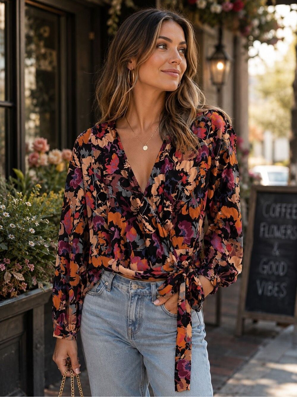 Wanderlux Floral Wrap Long Sleeve Blouse Size Large